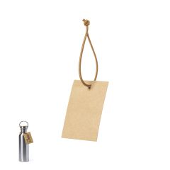 Hang tag made of recycled paper with a brown elastic cord