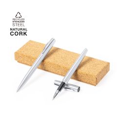 Gift Set with Ballpoint and Rollerball Pens Made of Recycled Stainless Steel with Cork Box