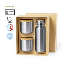 Gift Set with Two Cups and a Stainless Steel and Bamboo Thermos Bottle