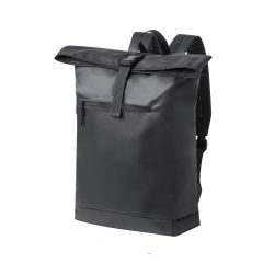 Backpack in Black Faux Leather with Roll-Top Closure