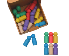 24 game pieces / playing figures in 6 different colors (beige, yellow, green, purple, blue, and red)