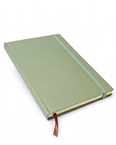 Light green hardcover notebook with a plain cover, elastic band and brown ribbon bookmark on a white background