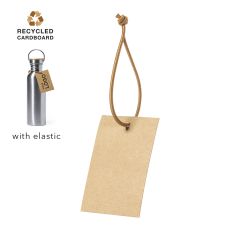 Hang tag made of recycled paper with a brown elastic cord