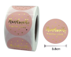 Handmade with Love Stickers, Pink with Gold, 500 pcs, 38mm