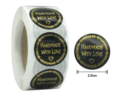 Stickers for Handmade Products, Black with Gold, 500 pcs, 25mm