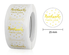 Handmade with Love - Roll of Stickers, White with Gold, 500 pcs, 25mm