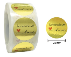 Homemade with Love, Gold Foil Stickers on a Roll, 25mm, 500 pcs.