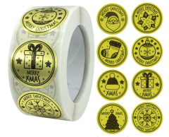 Gold Foil Christmas Stickers on a Roll, 8 Designs, 500 pcs, 25mm